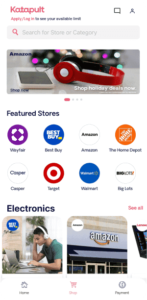 Mobile interface of the Katapult shopping app with store search, retailer logos, and product promotions