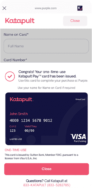 Katapult confirmation screen showing a one-time-use virtual Visa card with instructions to complete purchase using the card