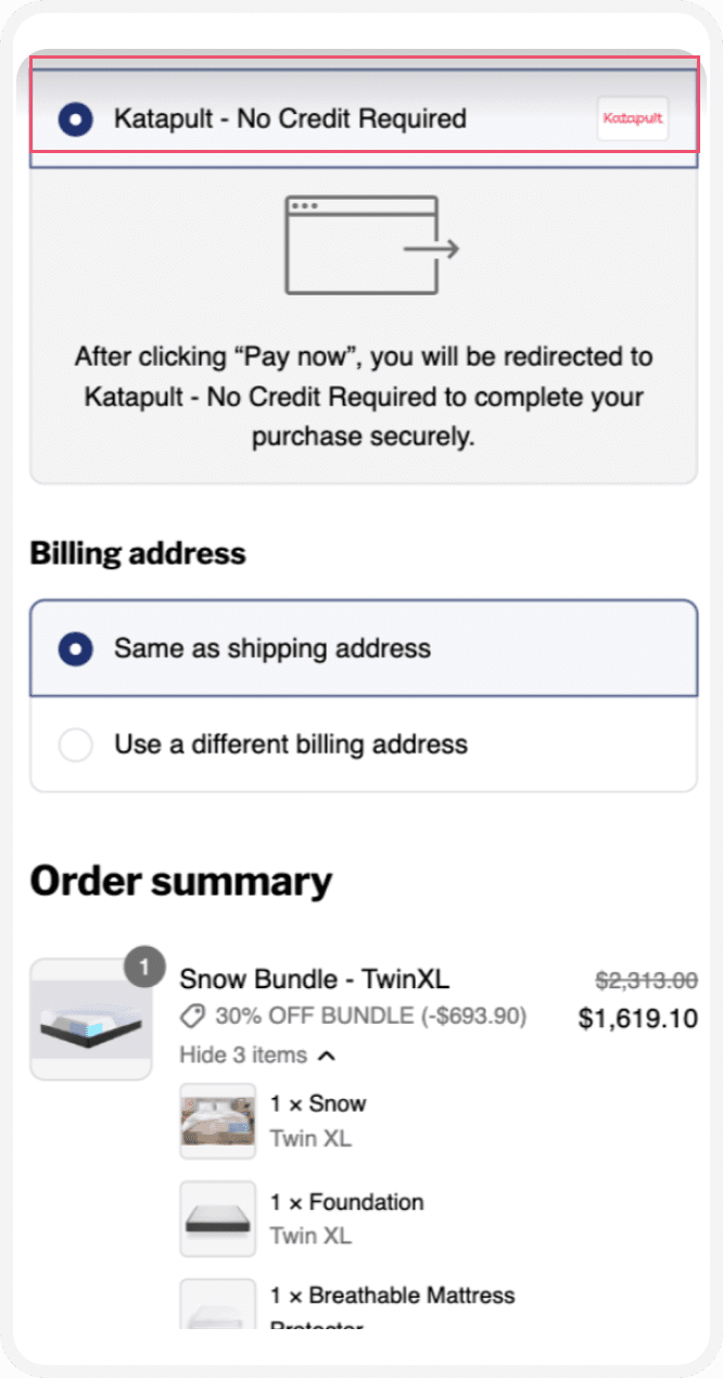 Checkout screen showing Katapult payment option with no credit required selected for a Snow Bundle purchase