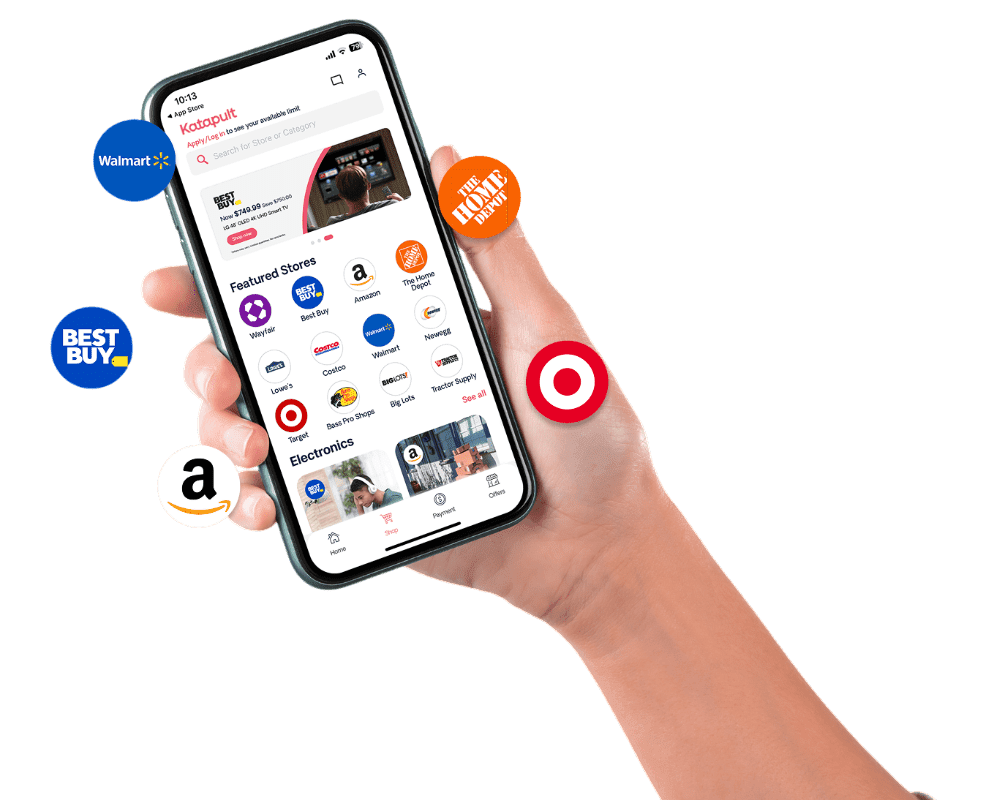 hero-phone-mba Smartphone screen showing the Katapult shopping app with a list of featured stores
