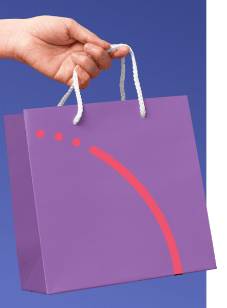 Hand holding a purple shopping bag with red curved design