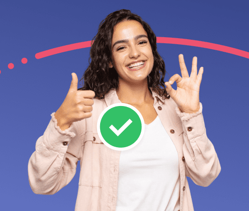 Smiling woman giving thumbs up and OK hand sign with a green checkmark icon