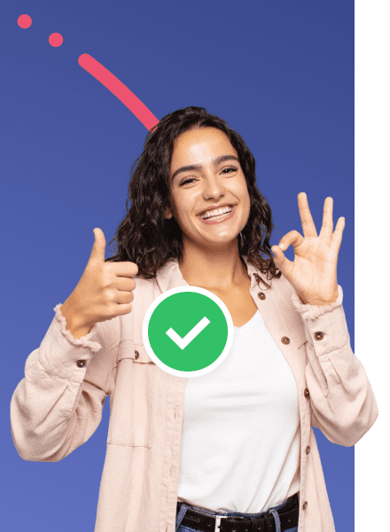 Smiling woman giving thumbs up and OK hand sign with a green checkmark icon