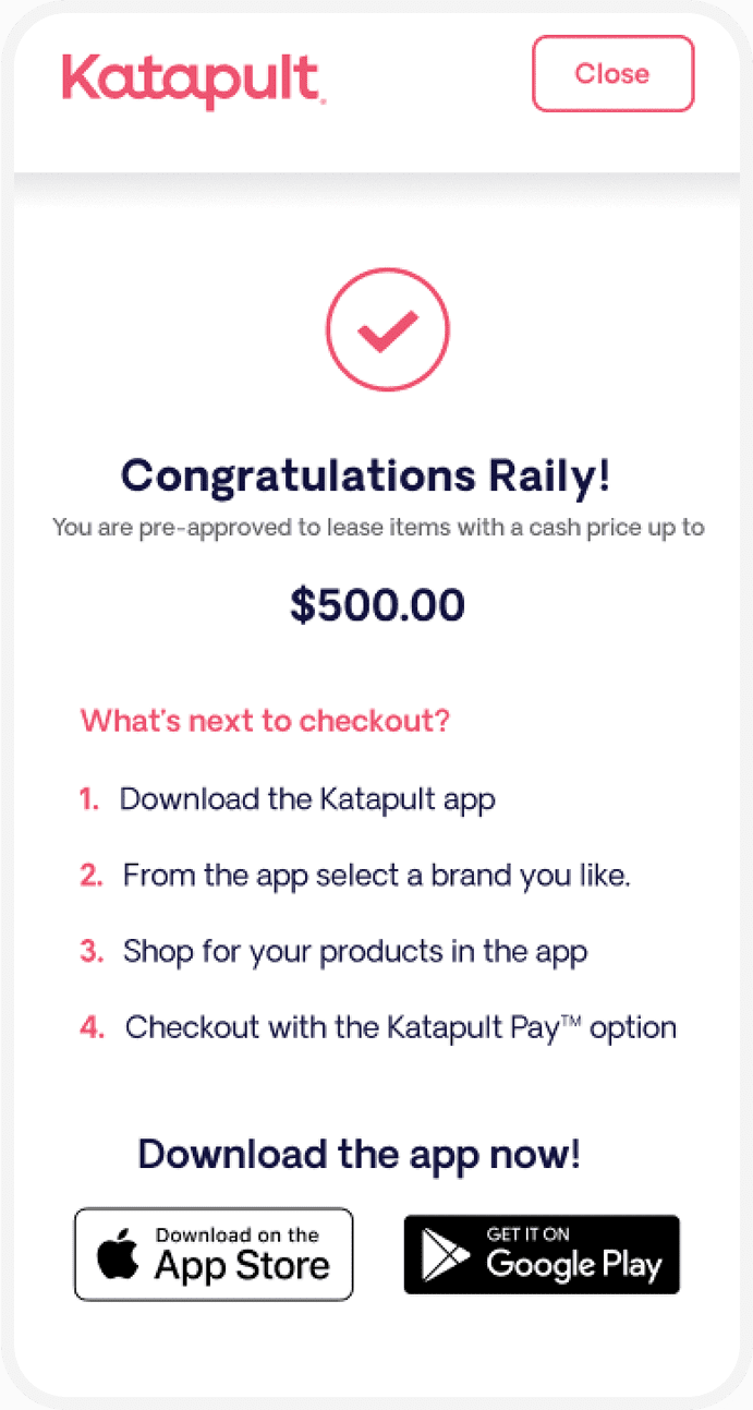 pay-overtime Katapult approval screen showing $500 pre-approval with next steps to download the app and complete checkout