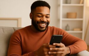 person smiling with cell phone